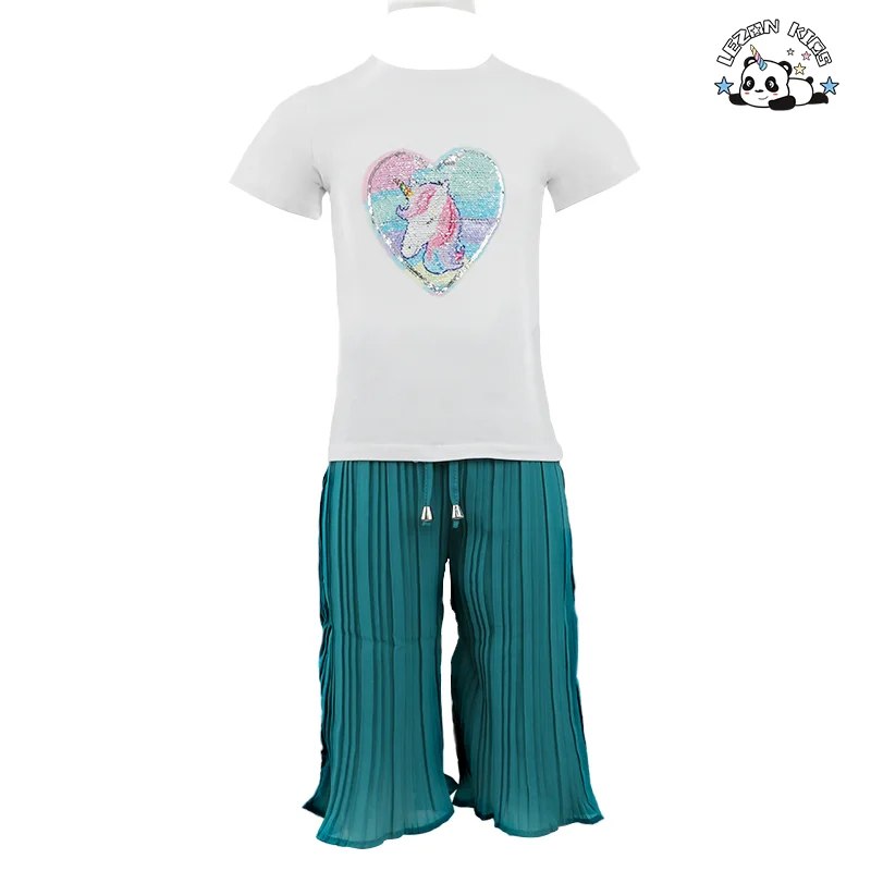 LEZONKIDS - Kids Clothing Girls Cotton Sequined Patch T-shirt Ruffle Elastic Waist Trouser Customized Girls Clothing Sets